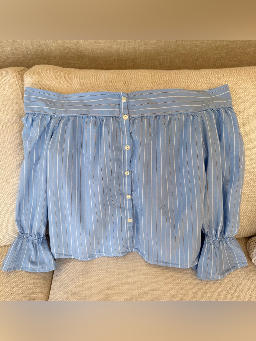 Striped Off-Shoulder Blue Button-Back Top - Picture 5 of 7